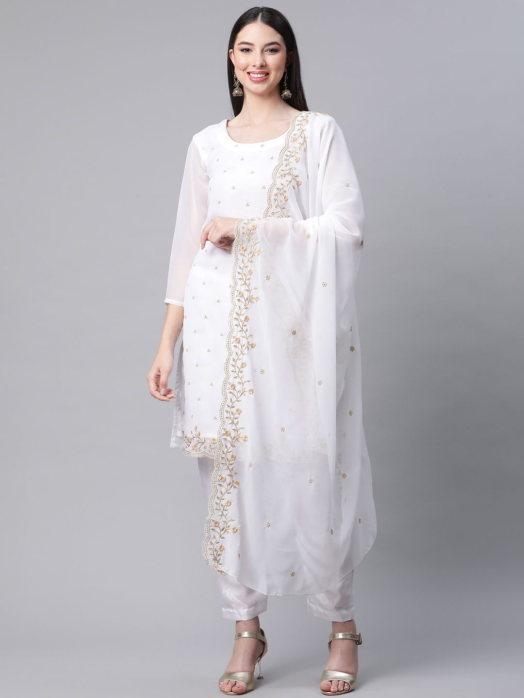 Readiprint Fashions White Embroidered Semi-stitched Dress Material Price in India