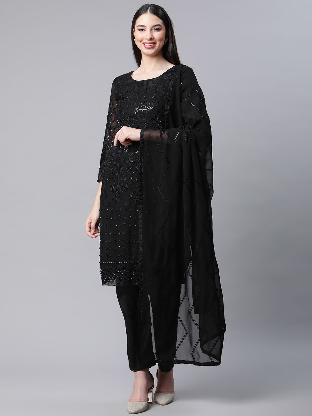 Readiprint Fashions Black Embroidered Semi-stitched Dress Material Price in India