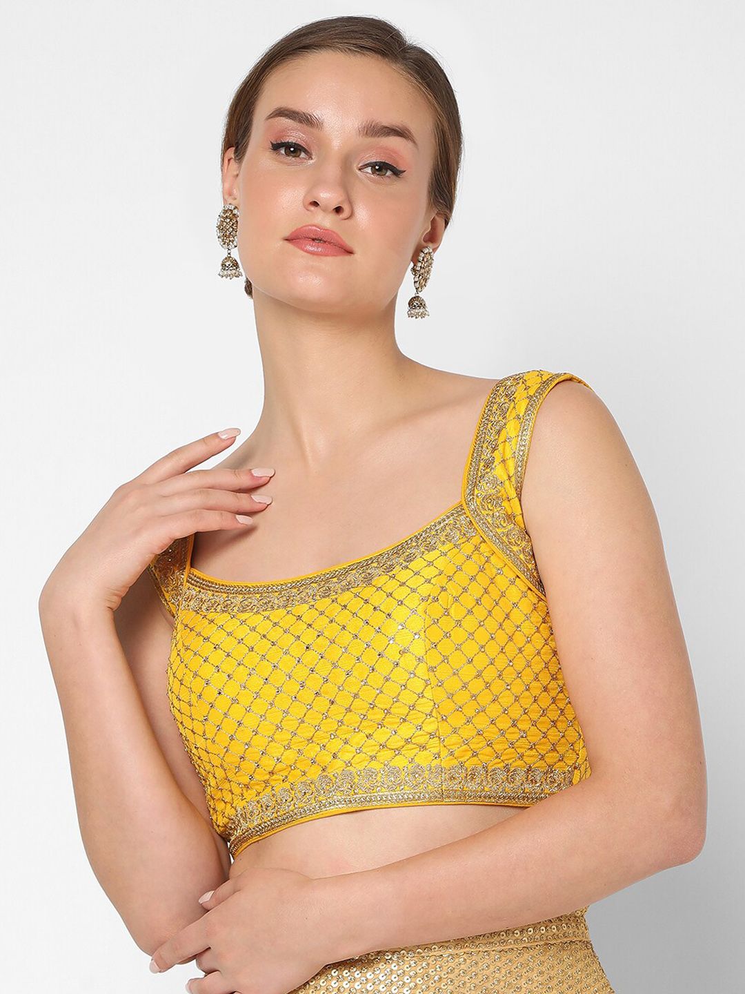 SALWAR STUDIO Women Yellow Embroidered Silk Saree Blouse Price in India