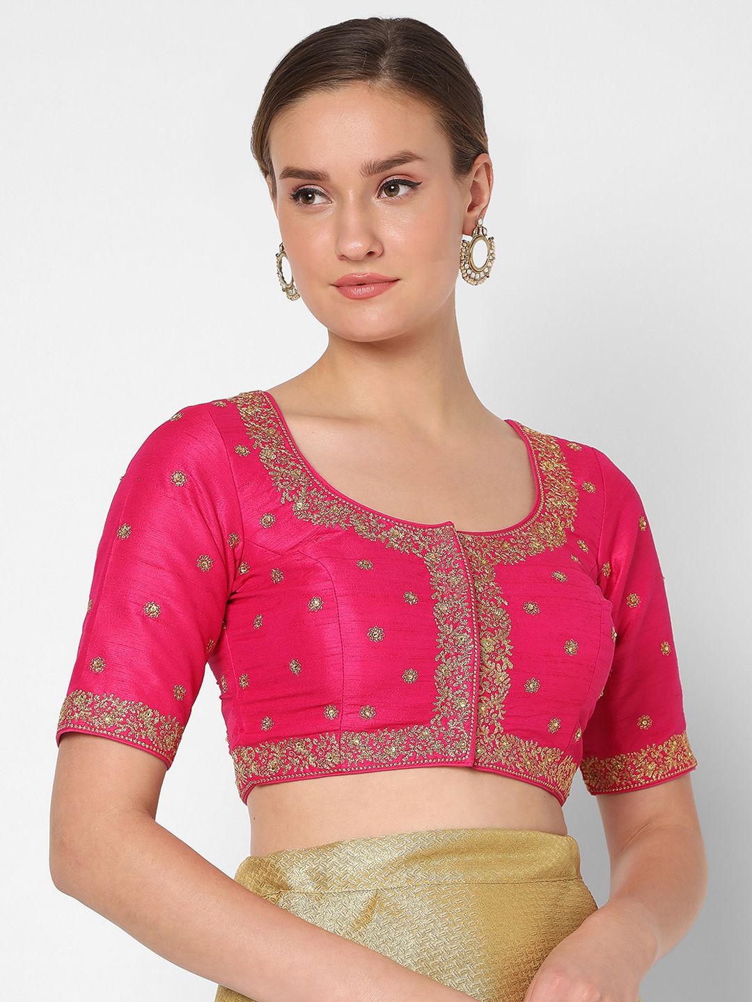 SALWAR STUDIO Women Pink Embroidered Silk Saree Blouse Price in India