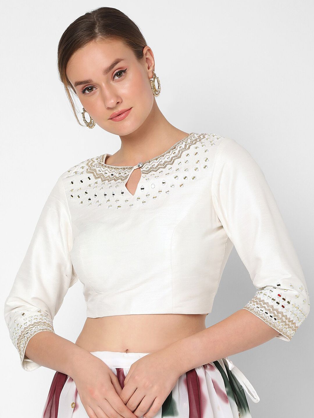 SALWAR STUDIO Women White Embroidered Readymade Saree Blouse Price in India