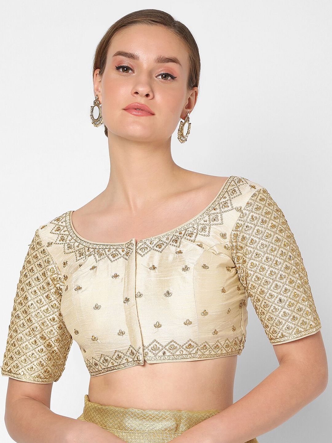 SALWAR STUDIO Women Beige & Gold-Coloured Embroidered Readymade Saree Blouse Price in India