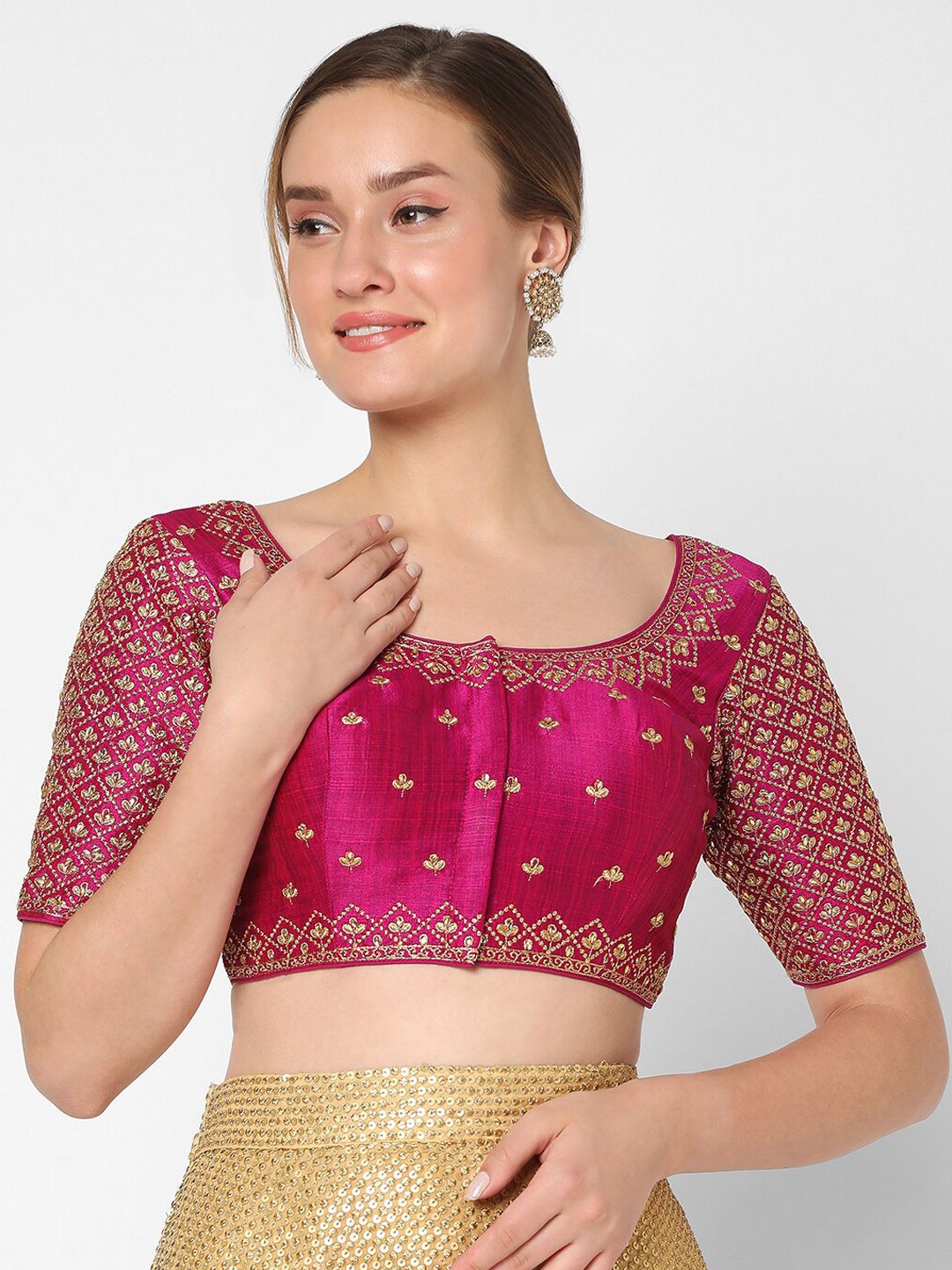 SALWAR STUDIO Women Pink Embroidered Silk Saree Blouse Price in India
