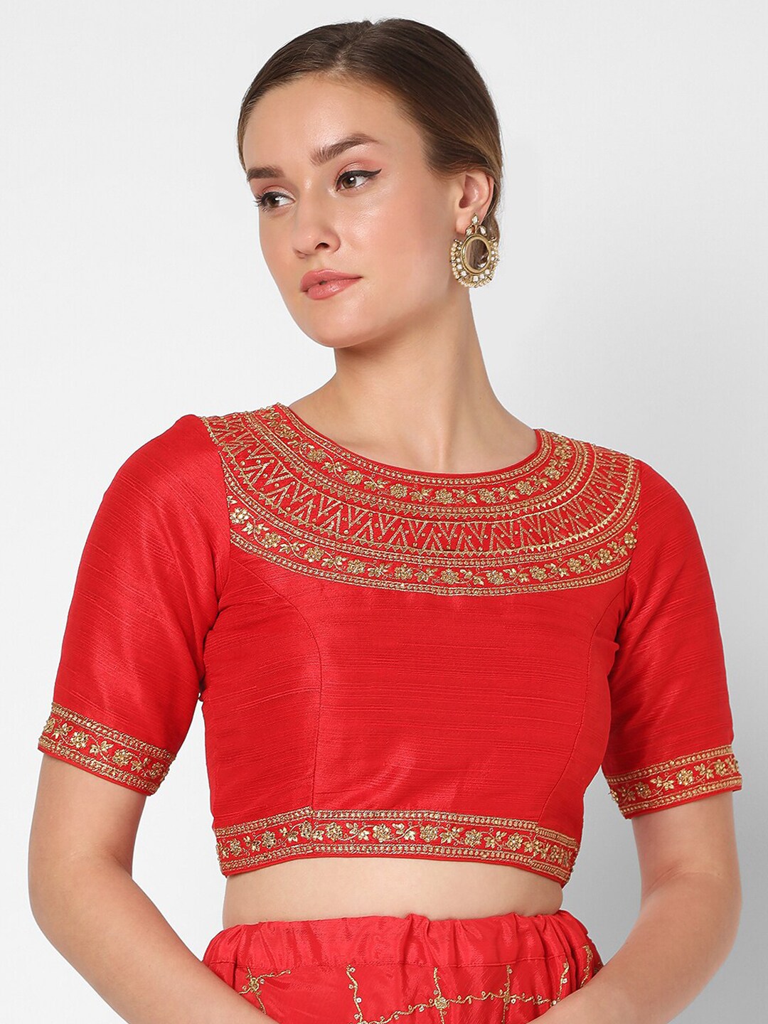 SALWAR STUDIO Women Red & Gold-Coloured Embroidered Readymade Saree Blouse Price in India