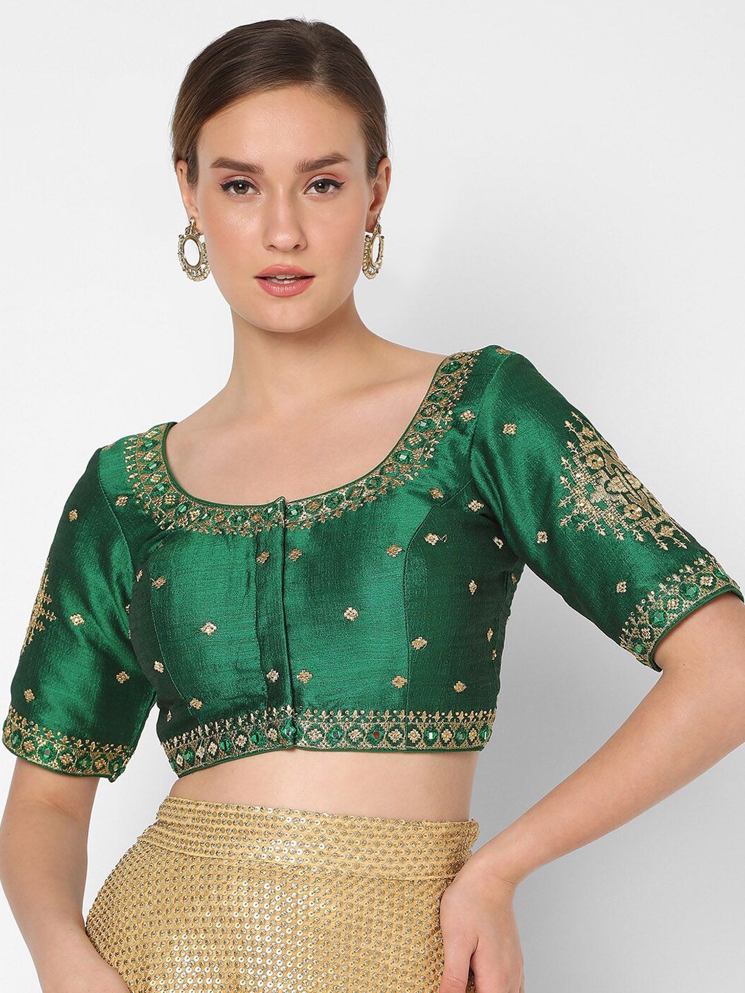SALWAR STUDIO Women Green Embroidered Silk Saree Blouse Price in India