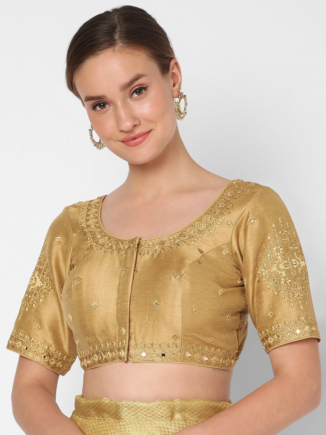 SALWAR STUDIO Gold-Coloured Embroidered Readymade Saree Blouse Price in India