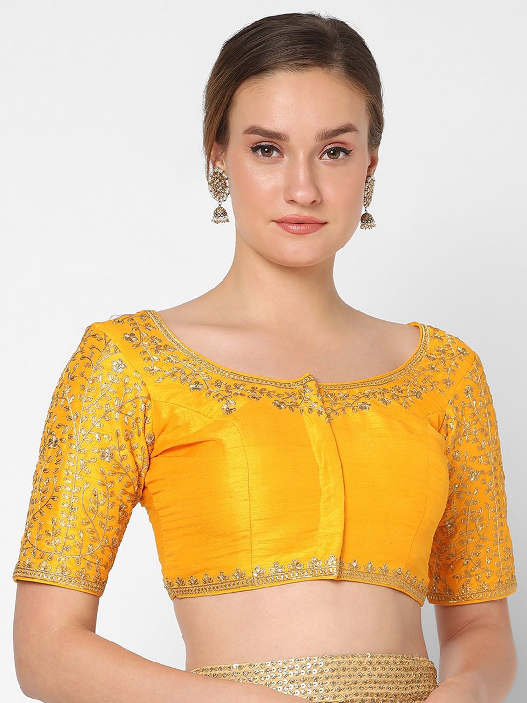 SALWAR STUDIO Women Yellow & Gold Embroidered Saree Blouse Price in India