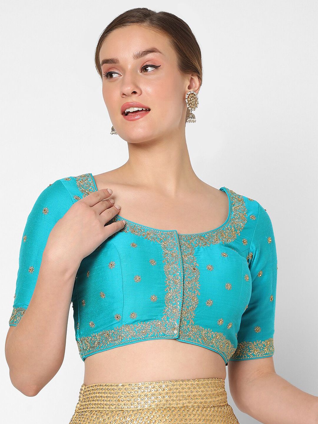 SALWAR STUDIO Women Blue Embroidered Silk Saree Blouse Price in India