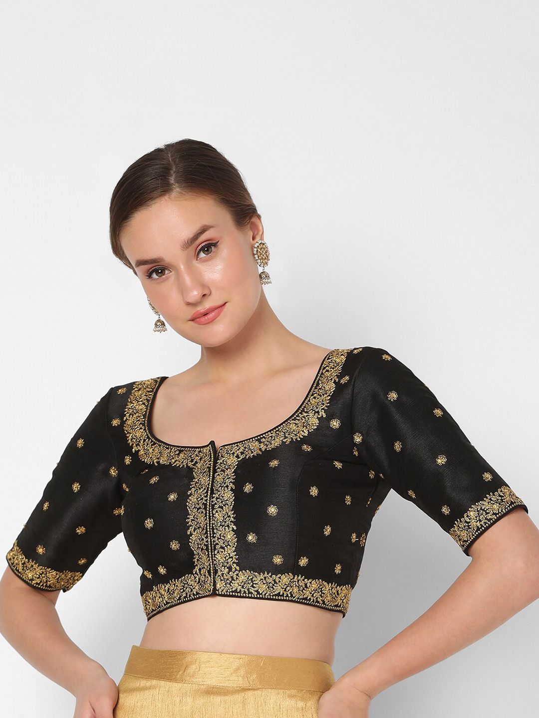 SALWAR STUDIO Black & Gold-Coloured Embroidered Readymade Saree Blouse Price in India