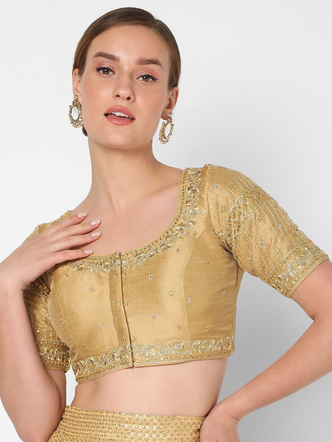 SALWAR STUDIO Gold-Coloured Embroidered Readymade Saree Blouse Price in India