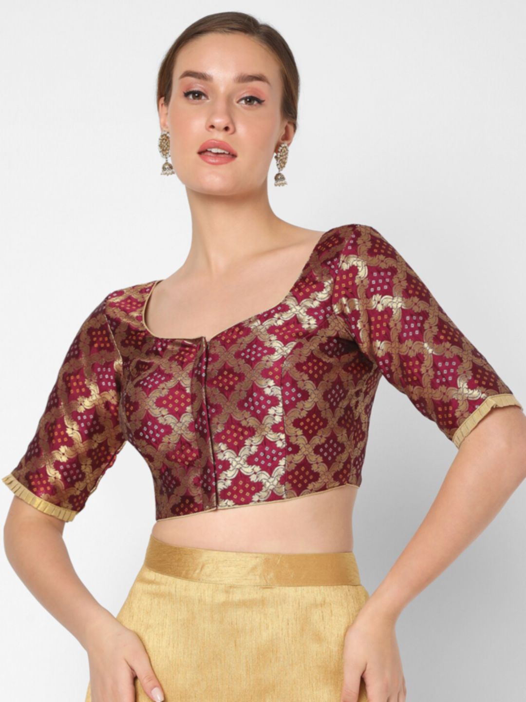 SALWAR STUDIO Women Maroon & Gold-Coloured Self-Design Saree Blouse Price in India