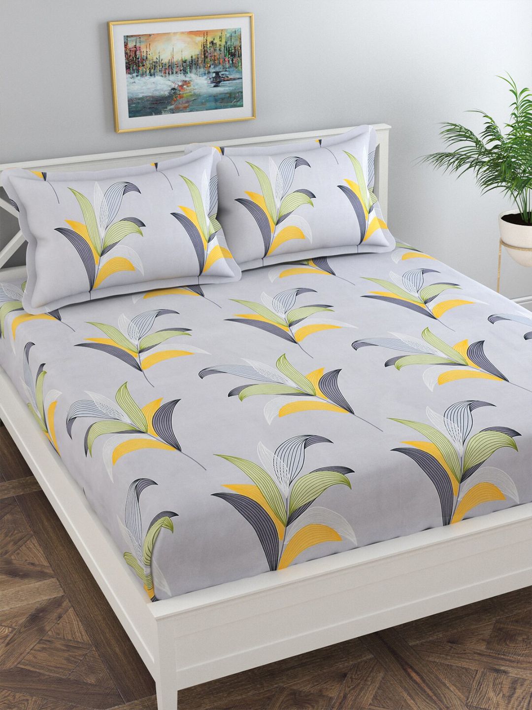Florida Grey & Yellow Floral 120 TC King Bedsheet with 2 Pillow Covers Price in India