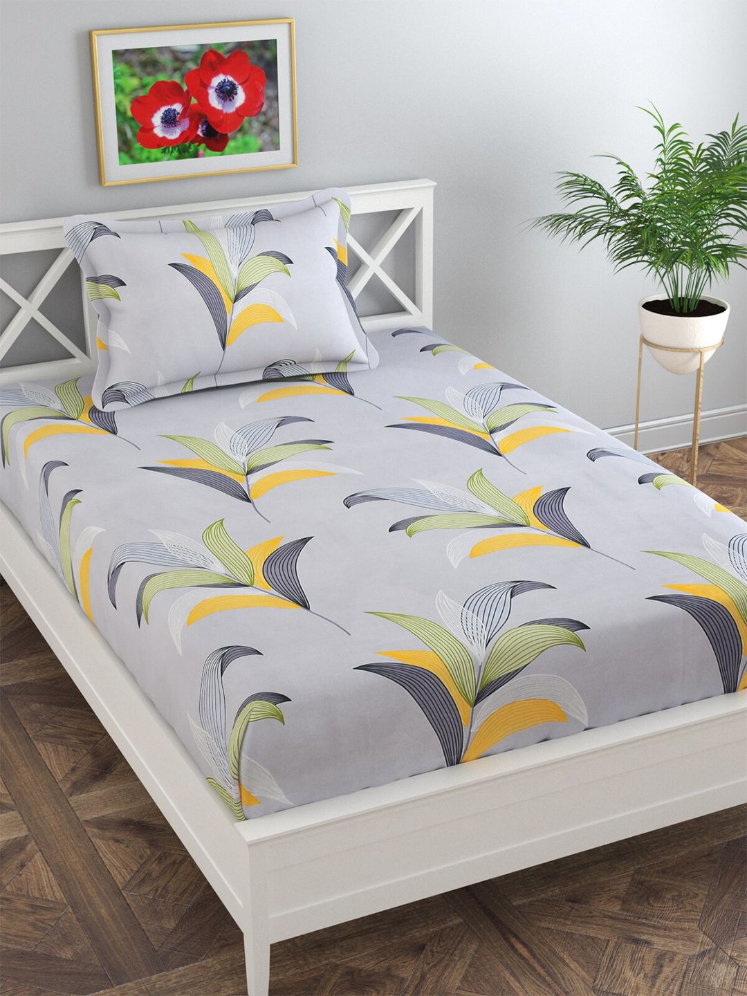 Florida Grey & Yellow Floral 120 TC Single Bedsheet with 1 Pillow Cover Price in India