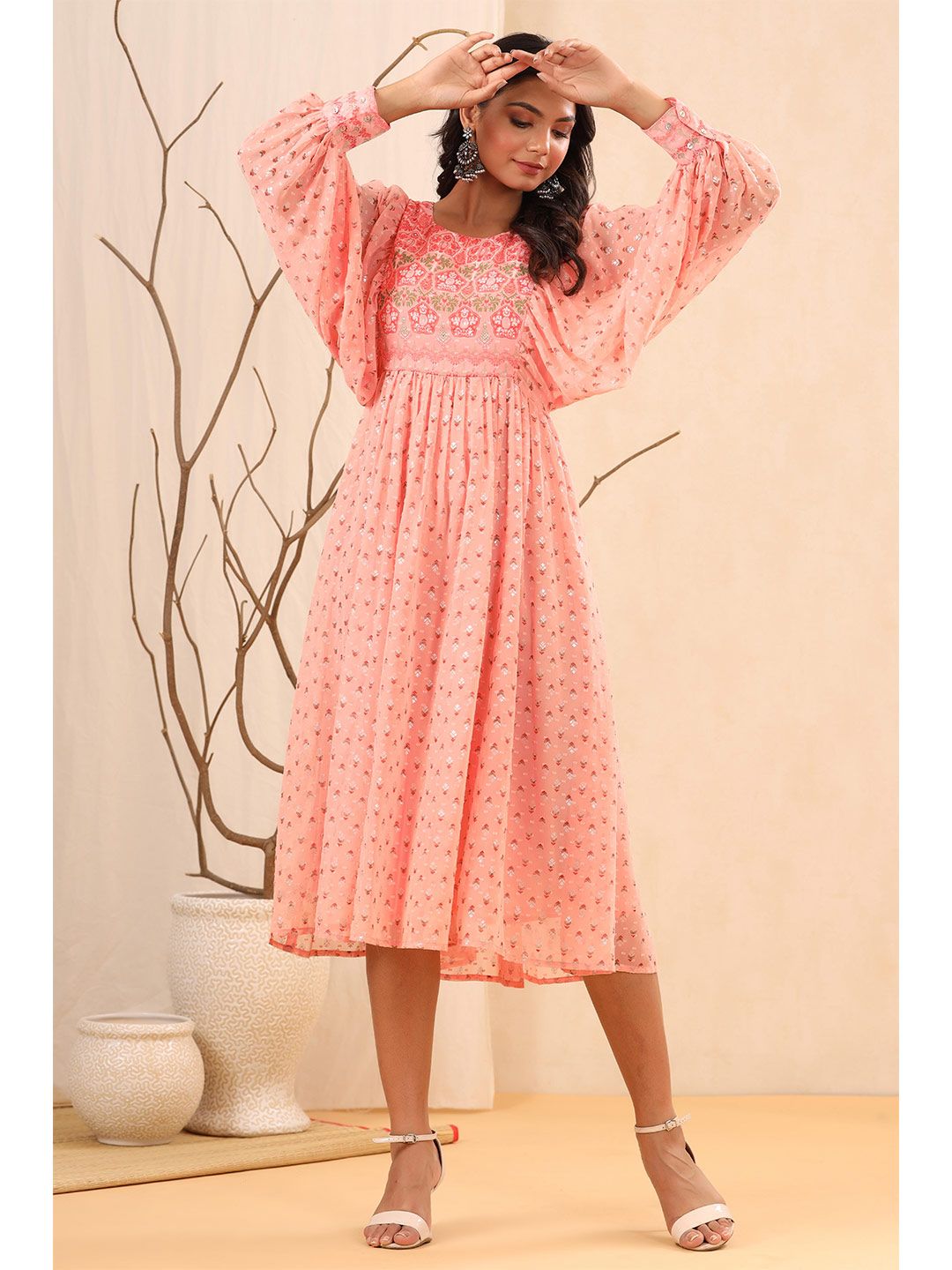 Juniper Peach-Coloured & salmon Ethnic Motifs Georgette A-Line Midi Dress Price in India