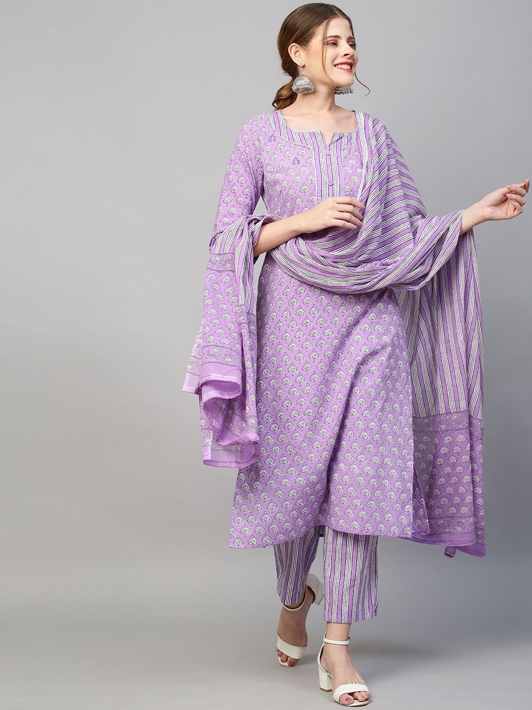 FASHOR Women Purple Printed Panelled Pure Cotton Kurti with Skirt & With Dupatta Price in India