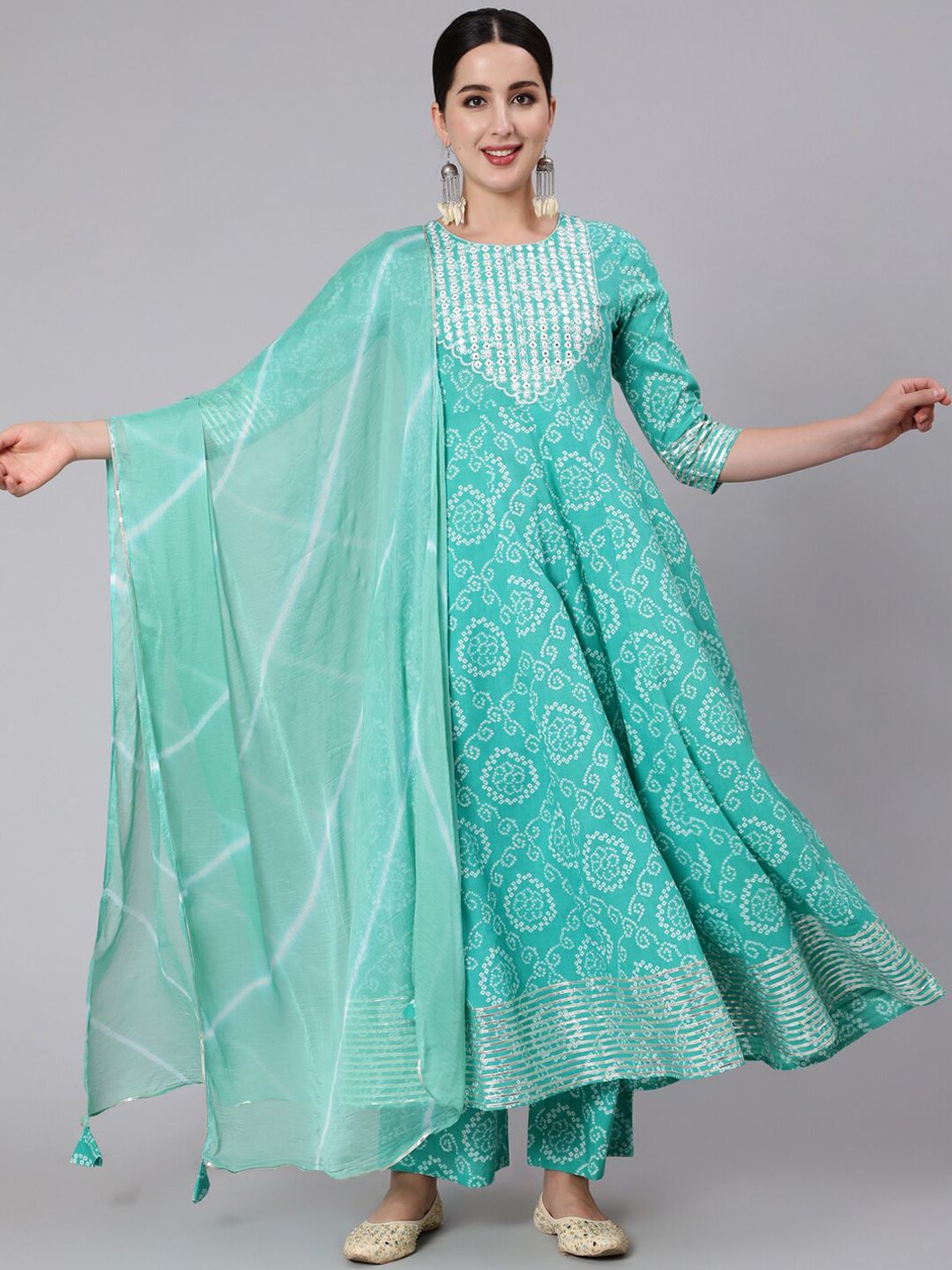 GULMOHAR JAIPUR Women Sea Green Printed Empire Mirror Work Pure Cotton Kurta with Palazzos & With Dupatta Price in India