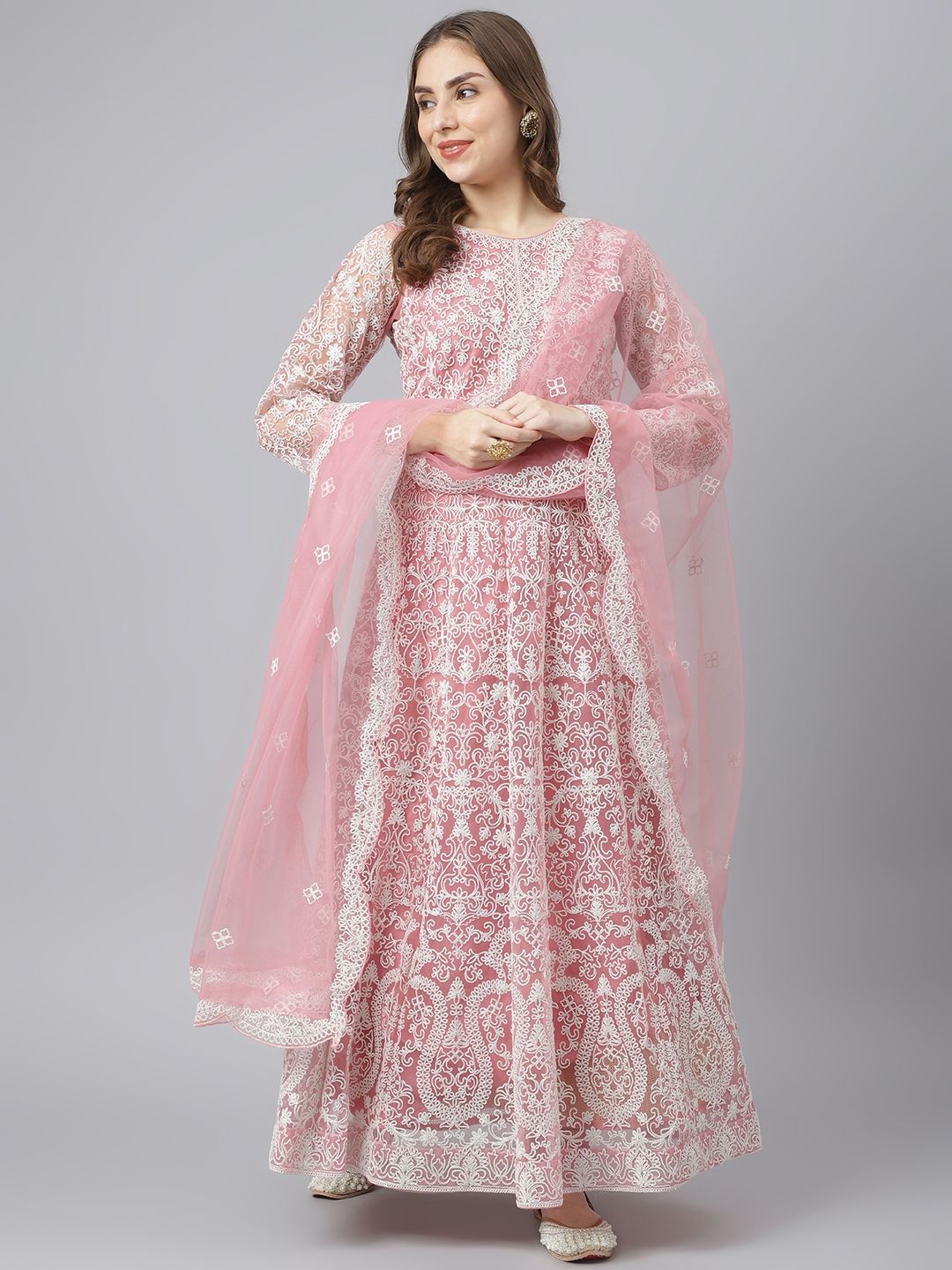 Readiprint Fashions Women Pink & White Embroidered Semi-Stitched Dress Material Price in India