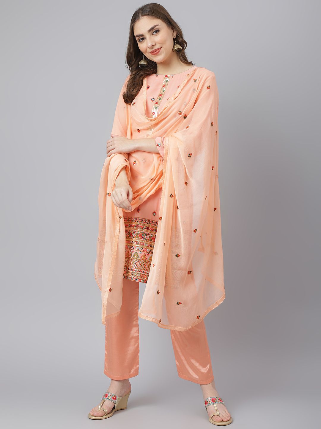 Readiprint Fashions Peach-Coloured Embroidered Semi-Stitched Dress Material Price in India