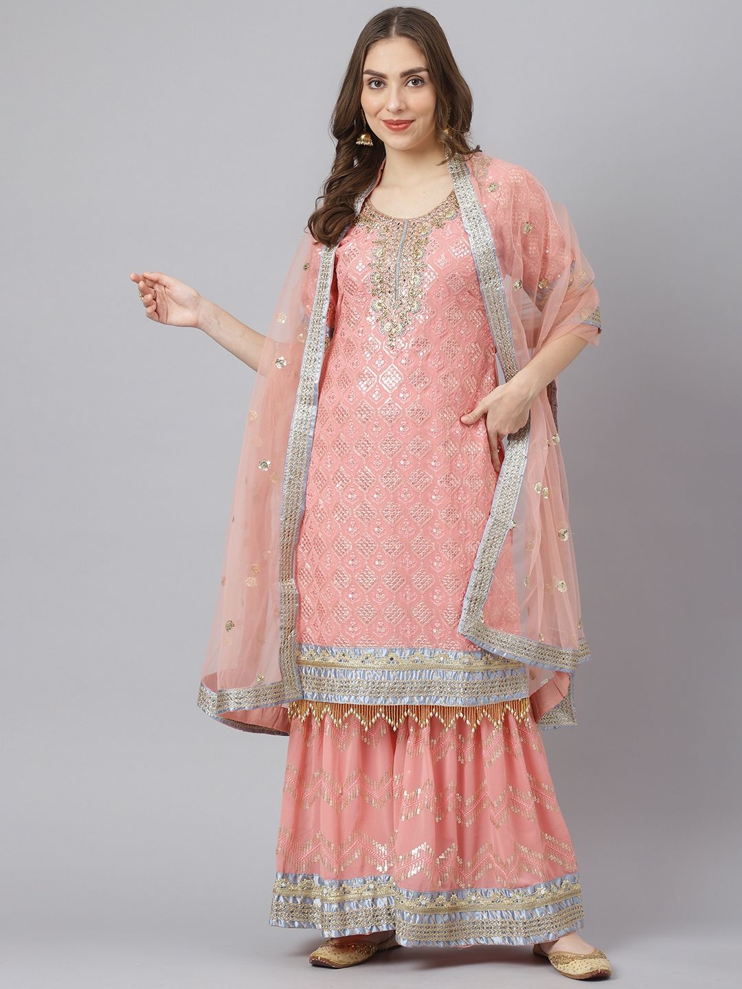 Readiprint Fashions Women Pink Embroidered Unstitched Dress Material Price in India