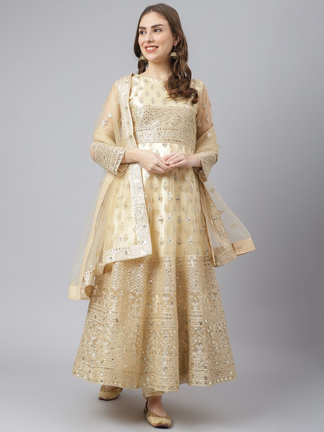 Readiprint Fashions Beige Embroidered Unstitched Dress Material Price in India