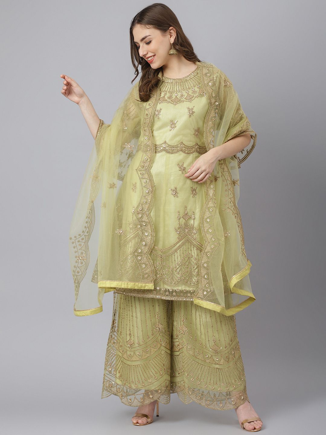 Readiprint Fashions Lime Green Embroidered Unstitched Dress Material Price in India