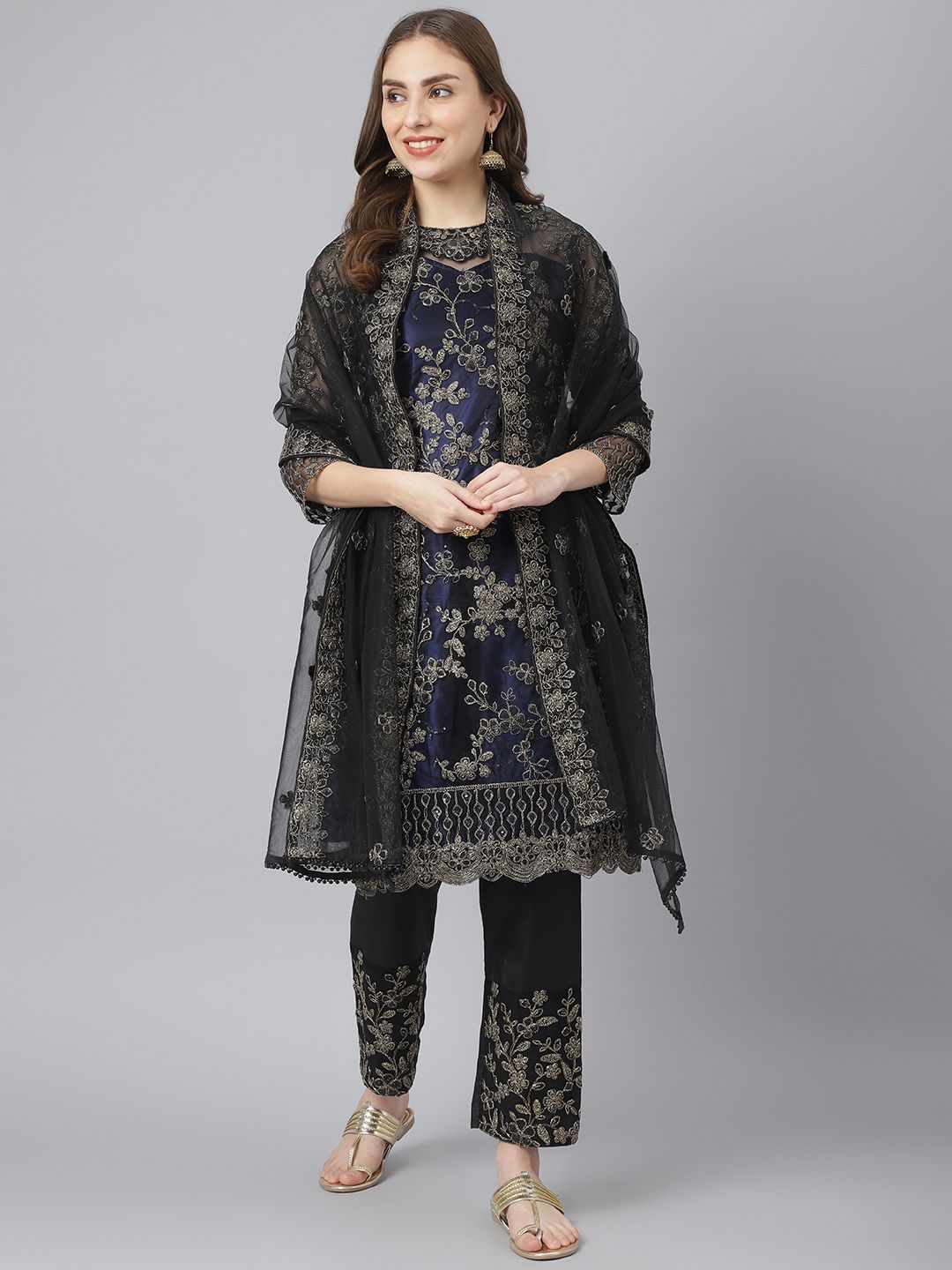 Readiprint Fashions Women Black & Navy Blue Embroidered Semi-Stitched Dress Material Price in India