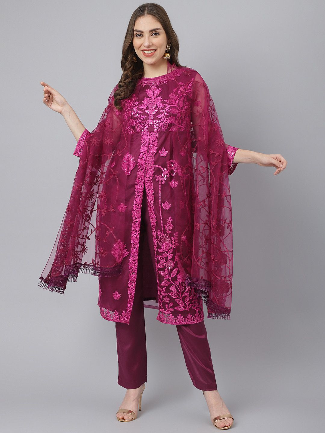 Readiprint Fashions Women Magenta Embroidered Semi-Stitched Dress Material Price in India