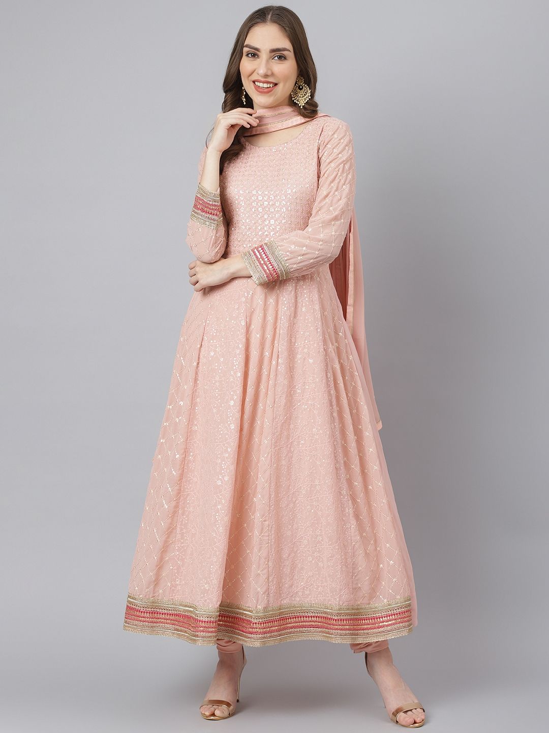 Readiprint Fashions Women Peach-Coloured Embroidered Semi-Stitched Dress Material Price in India