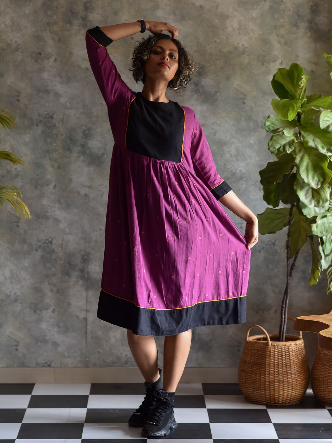 Suta Purple & Black Geometric Printed Cotton Fit & Flare Dress Price in India