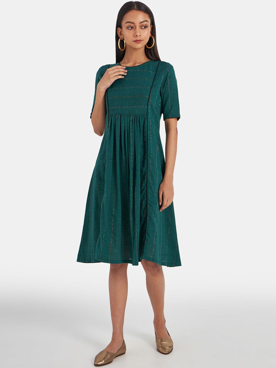 Suta Women Teal & Silver-Toned Striped Cotton A-Line Midi Dress Price in India