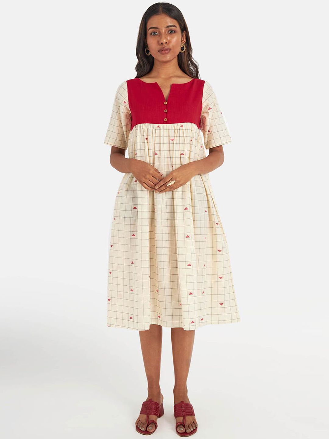 Suta Off White & Red Checked Fit and Flare Cotton Dress Price in India