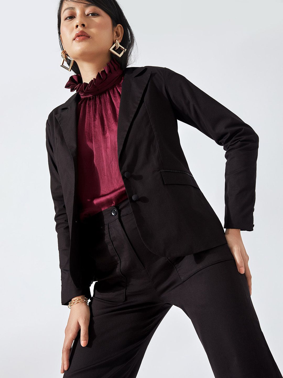 The Label Life Women Black Solid Open Front Pure Cotton Formal Blazer Price in India