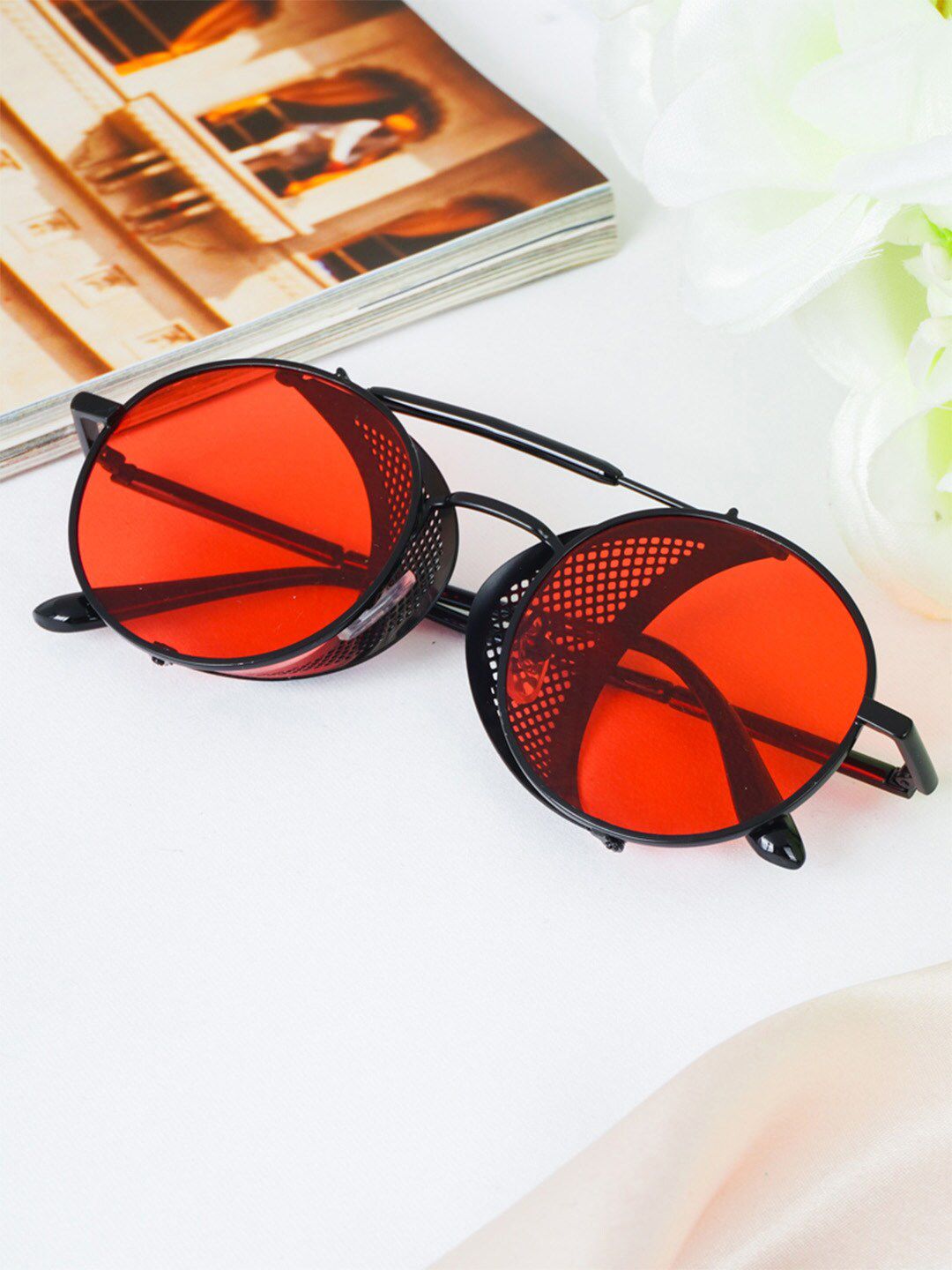 Ferosh Unisex Red Lens & Black Round Sunglasses Price in India