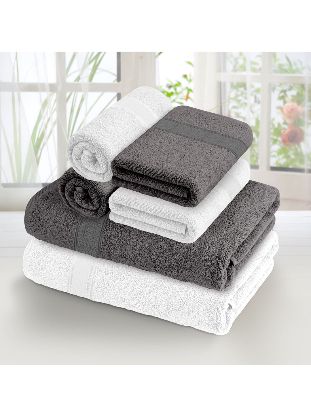 Athome by Nilkamal set of 6 White & Charcoal grey solid 370 GSM cotton Bath Towels Price in India