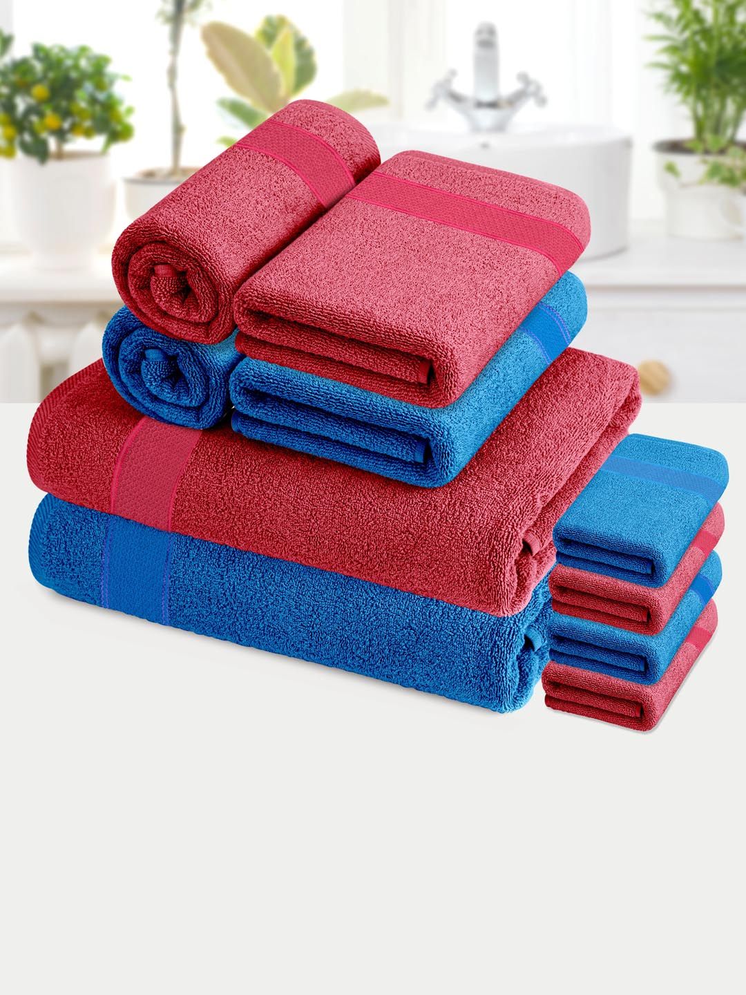 Athome by Nilkamal Set of 10 Blue & Pink Solid 370 GSM Cotton Towel Set Price in India