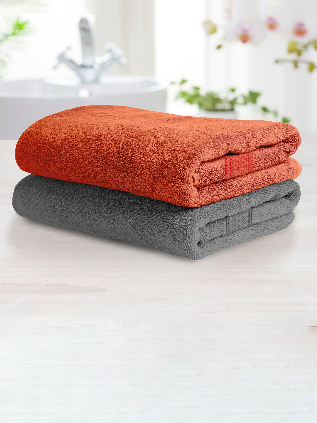 Athome by Nilkamal Set Of 2 Grey & Rust Solid 370 GSM Pure Cotton Hand Towels Price in India