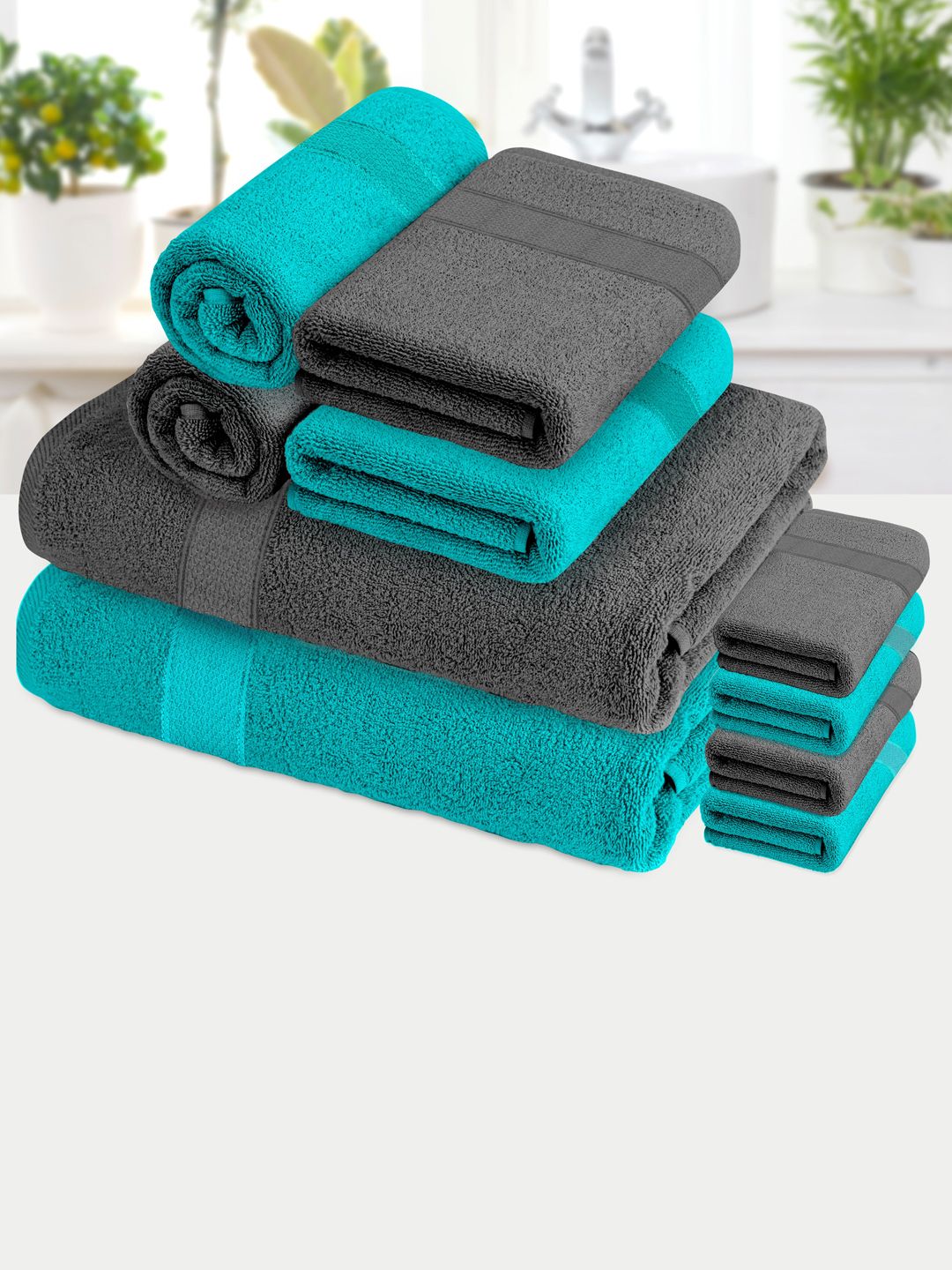 Athome by Nilkamal Unisex Set of 10 Grey & Turquoise Blue Solid 370 GSM Cotton Bath Towels Price in India