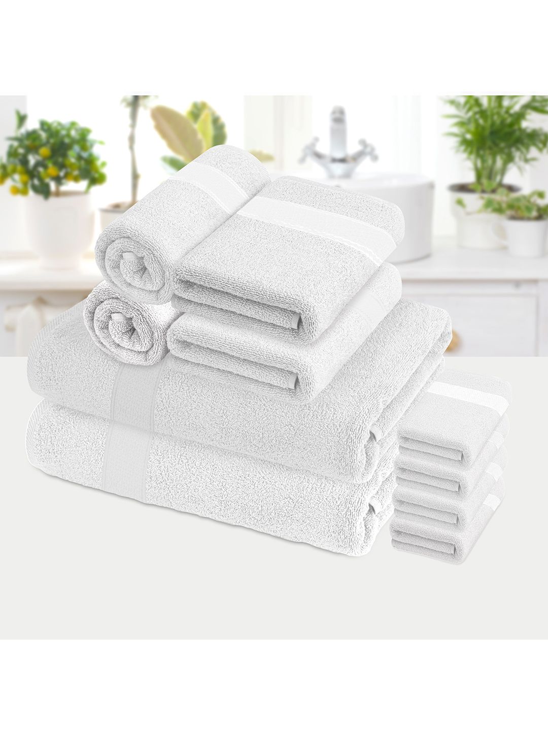 Athome by Nilkamal White Set of 10 Solid 370 GSM Cotton Towel Set Price in India