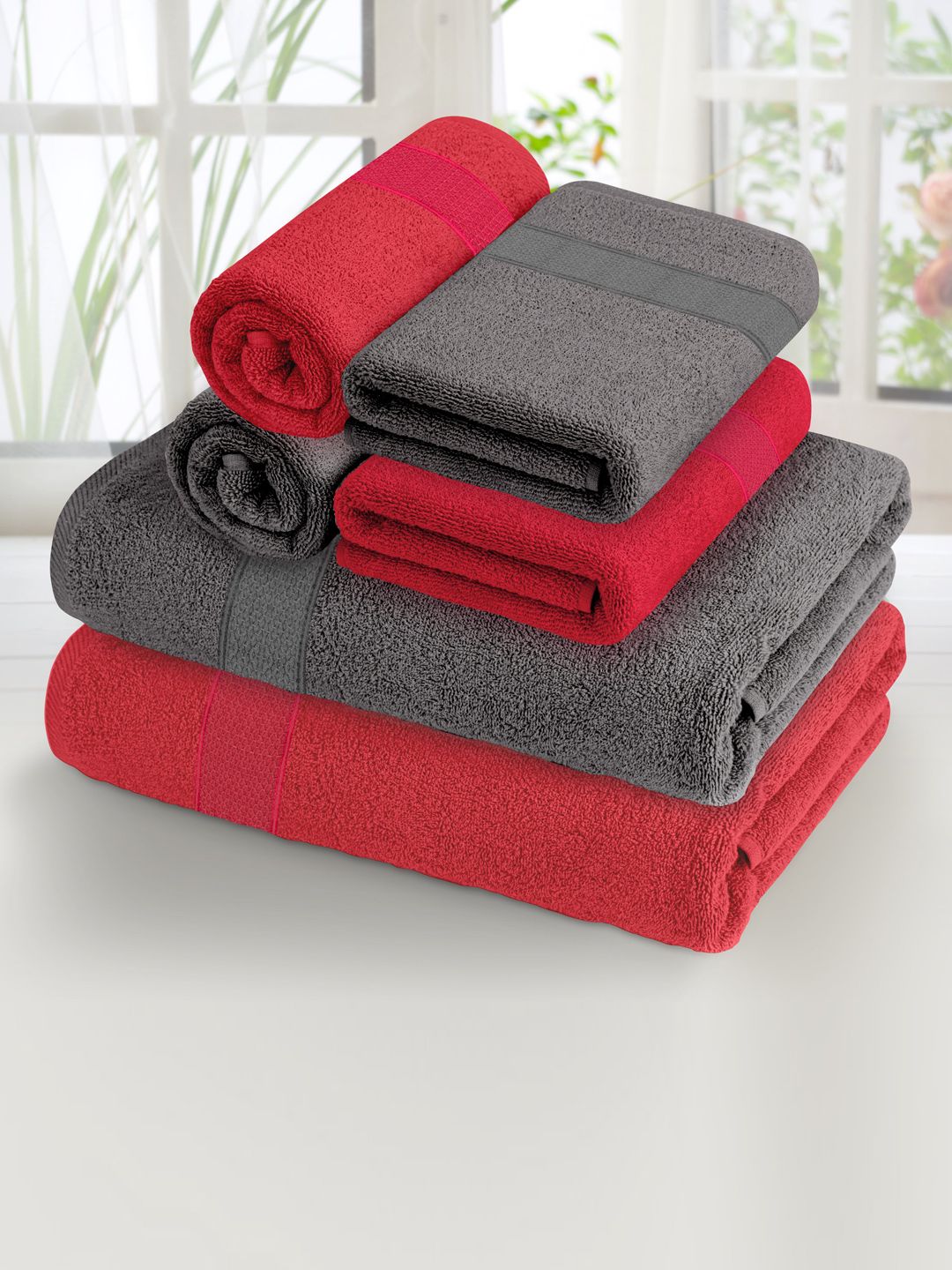 Athome by Nilkamal Set Of 6 Red & Grey Solid 370 GSM Towel Set Price in India