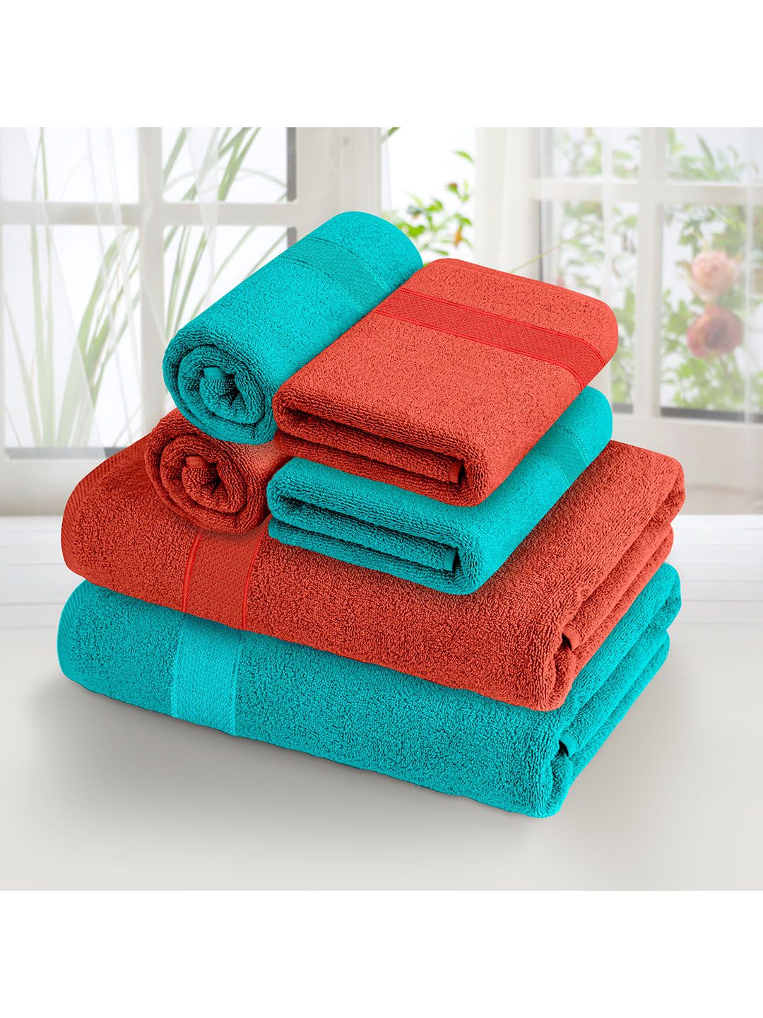 Athome by Nilkamal Set Of 6 Red & Turquoise Blue Solid 370 GSM Towel Set Price in India