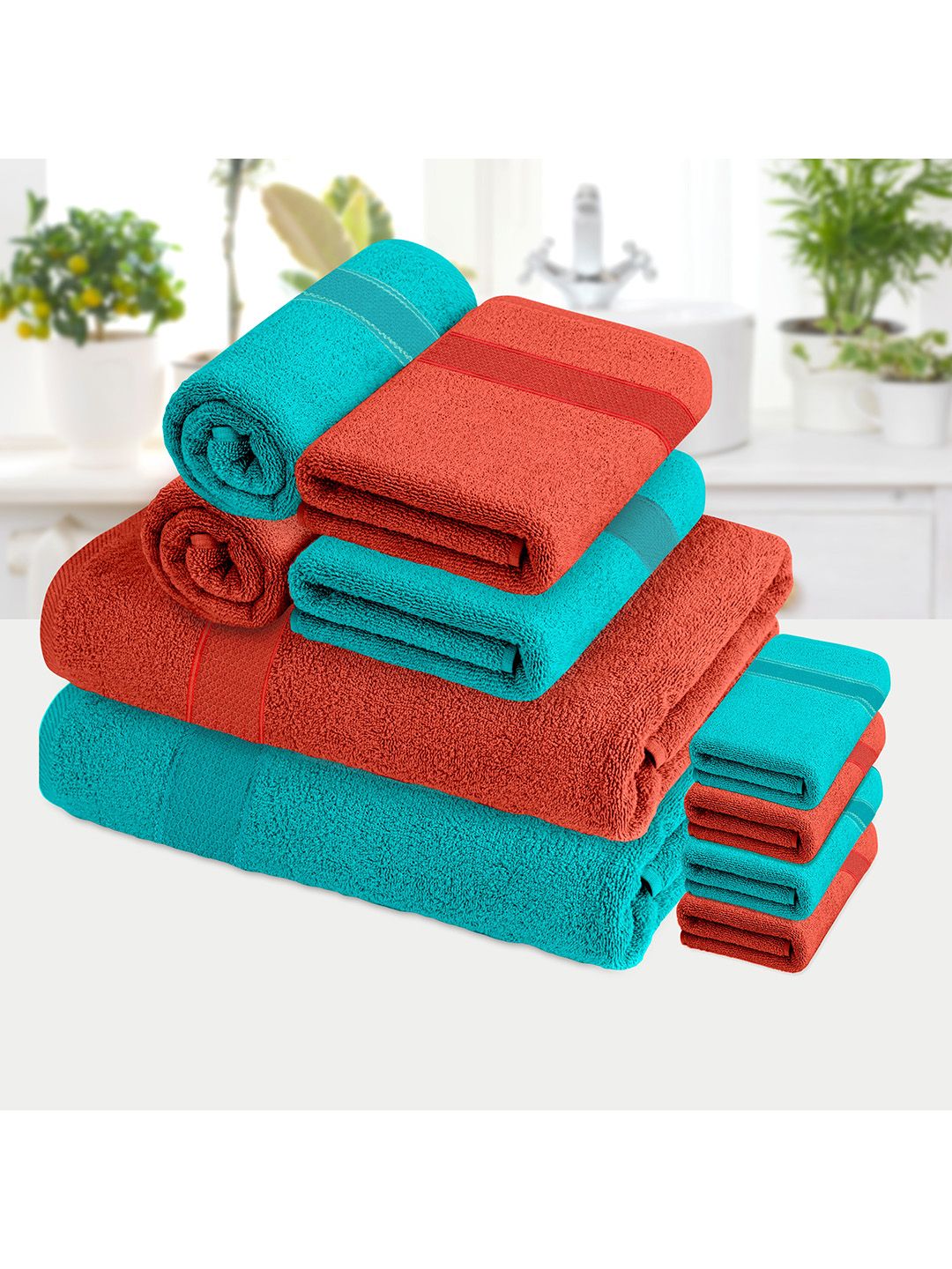 Athome by Nilkamal Pack Of 10 Blue & Rust Solid Cotton 370 GSM Bath Towels Price in India