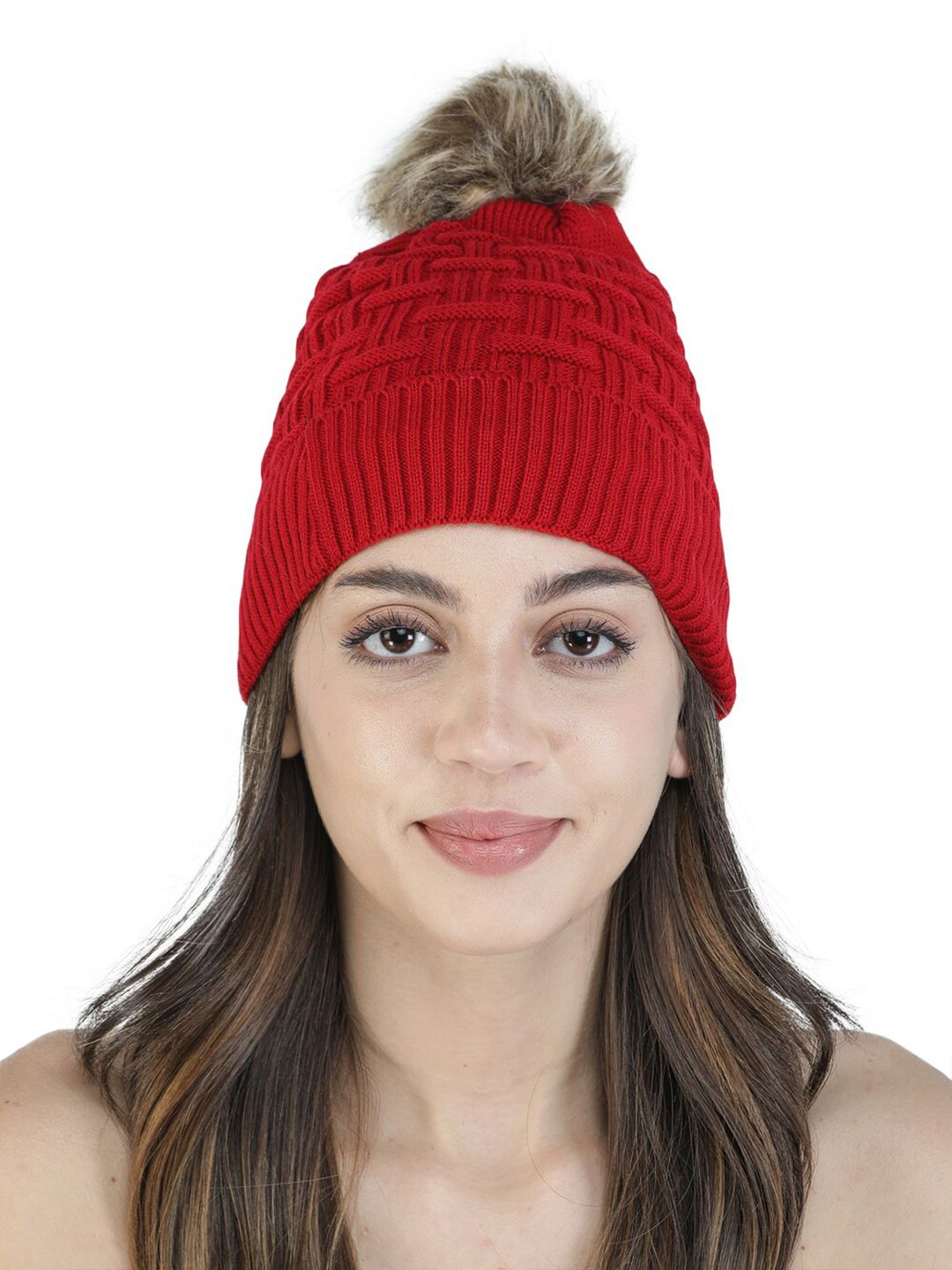 ELLIS Women Red & Brown Self Design Wool Beanie Cap Price in India