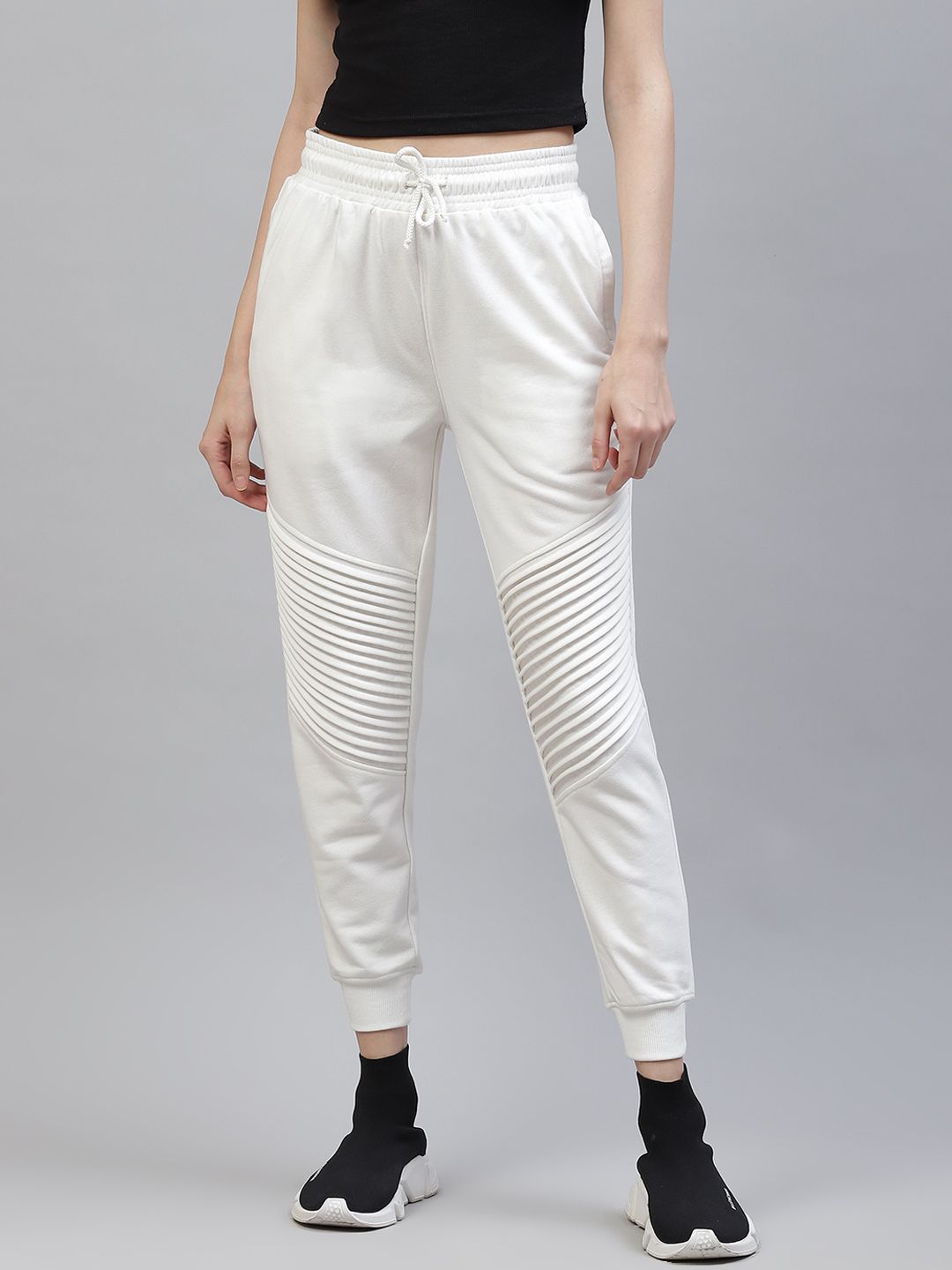 Laabha Women White Solid Pleated Detail Joggers Price in India