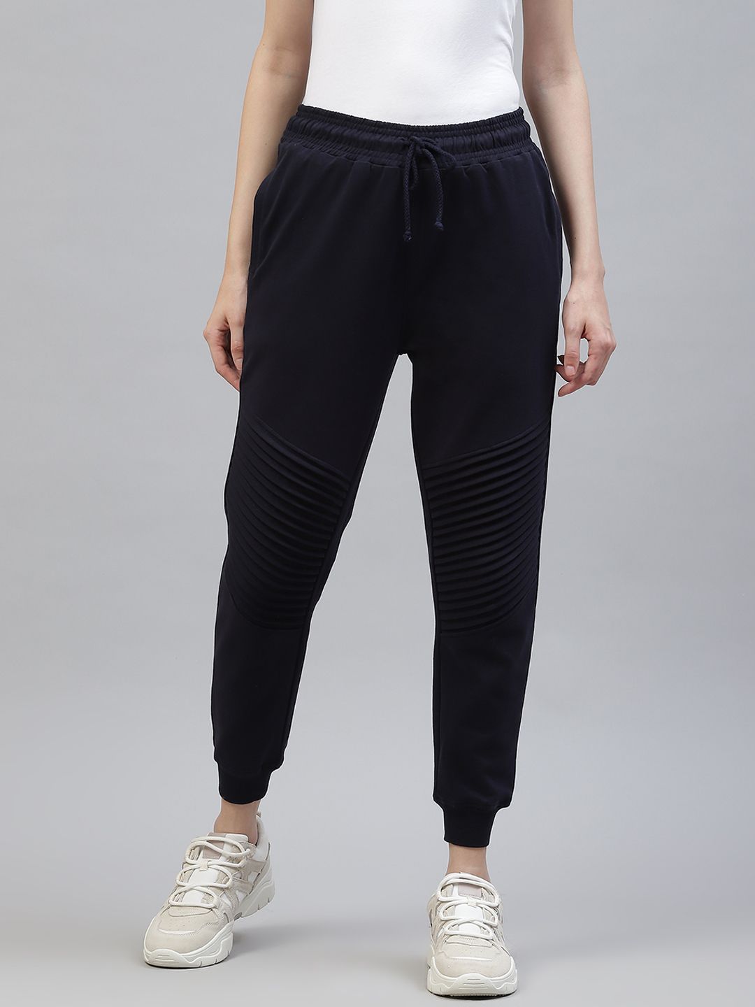 Laabha Women Navy Blue Solid Pleated Detail Joggers Price in India