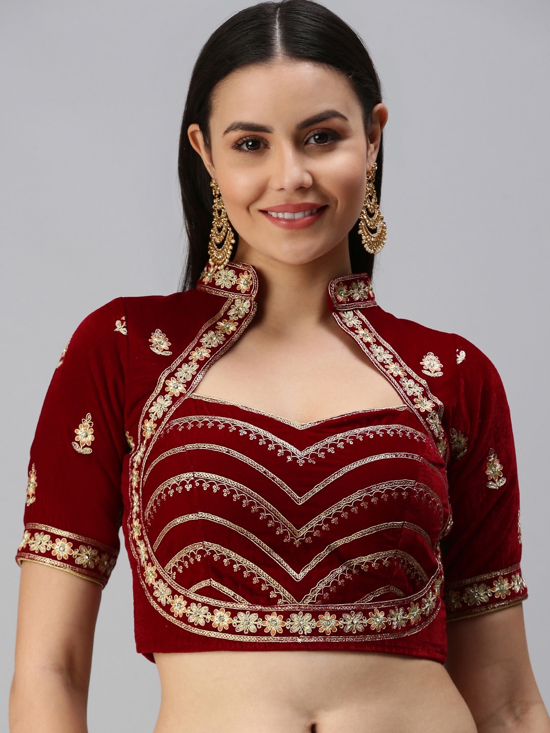 flaher Maroon & Golden Thread Work Embroidered Padded Readymade Blouse Price in India