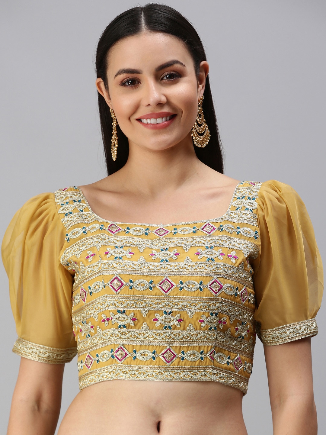 flaher Women Women Mustard Yellow & Pink Embroidered Zari Readymade padded Blouse Price in India