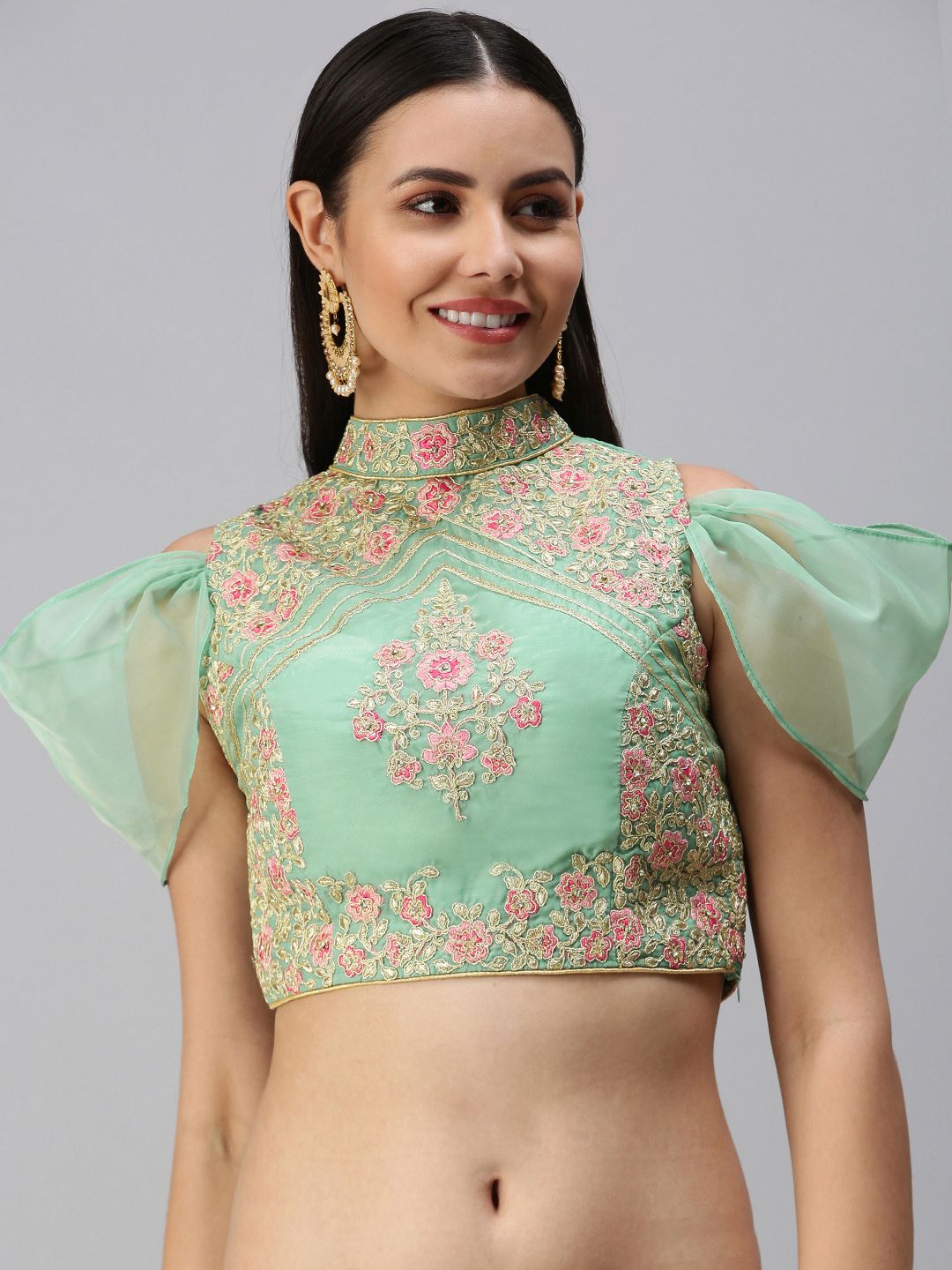 flaher Women Blue Embroidered Organza Readymade Padded Blouse Price in India