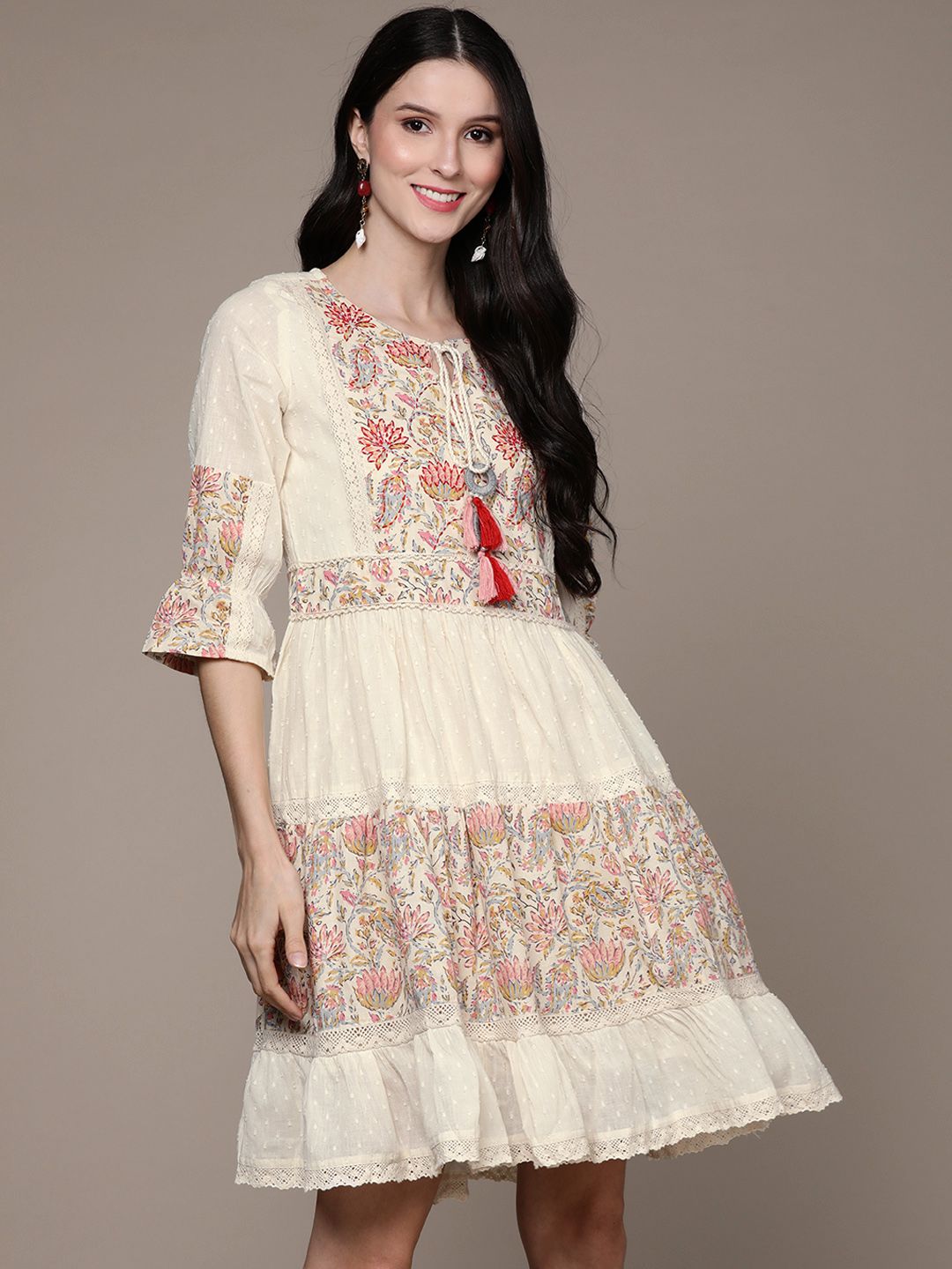 Ishin Cream-Coloured & Pink Floral Tie-Up Neck A-Line Dress Price in India