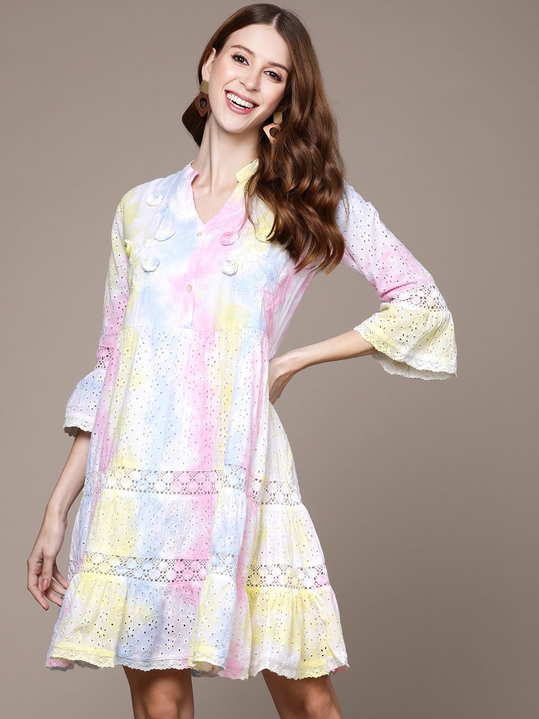 Ishin White & Pink Floral Embroidered A-Line Dress Price in India