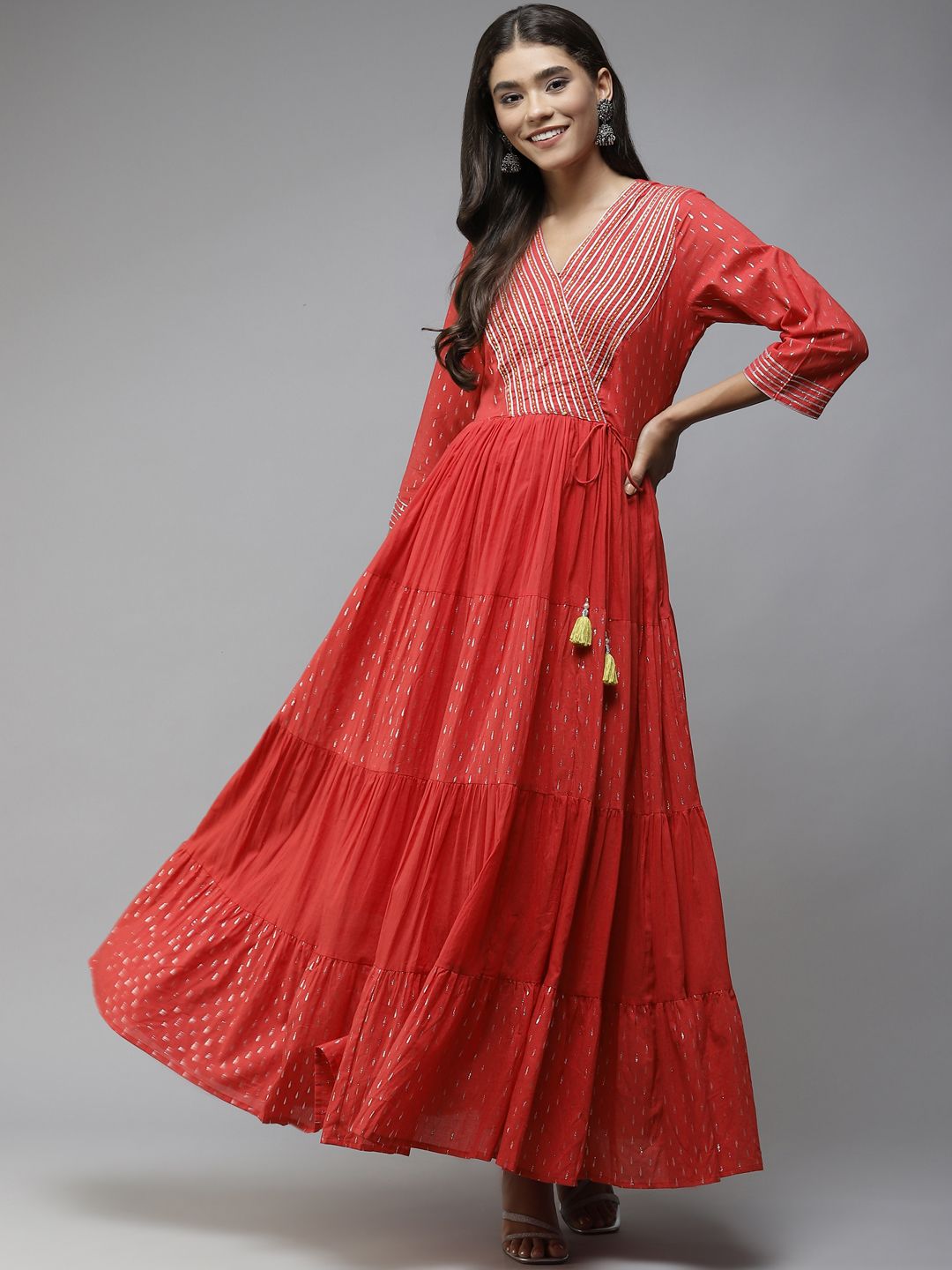 Yufta Red Gotta Patti Tiered Pure Cotton Ethnic Maxi Dress Price in India